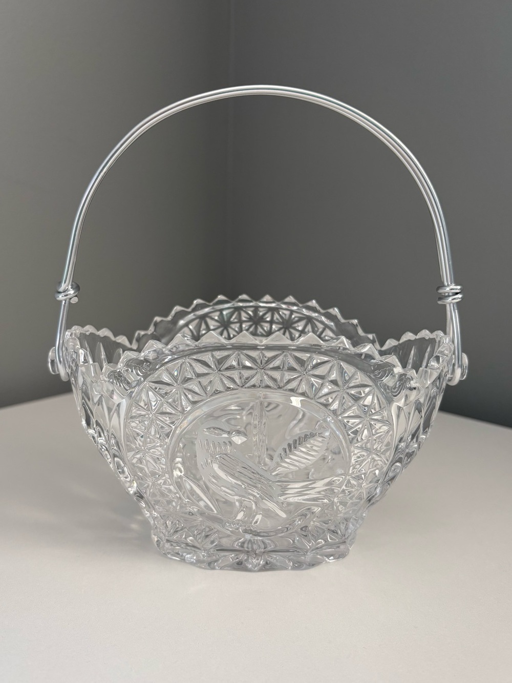 Vintage Hofbauer Crystal Etched Bird Metal Handle Basket The Byrdes Collection